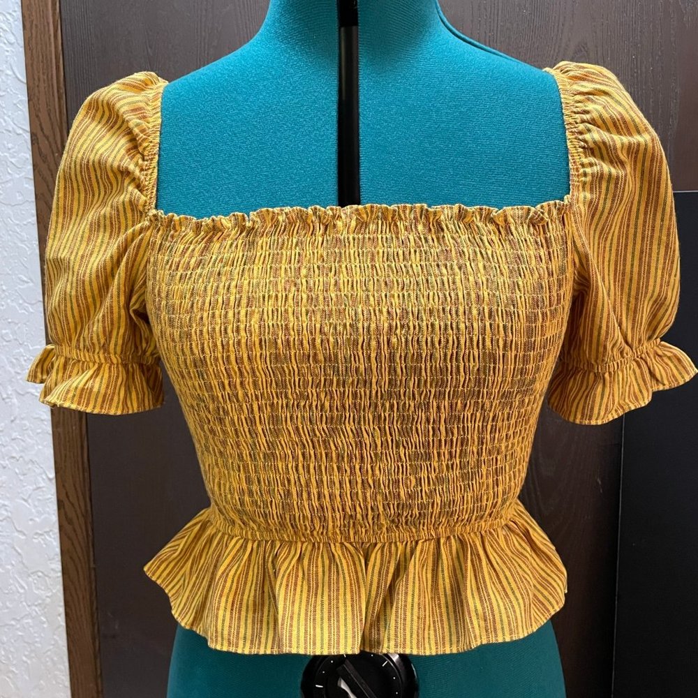Puff Sleeve Peplum Blouse Top Yellow